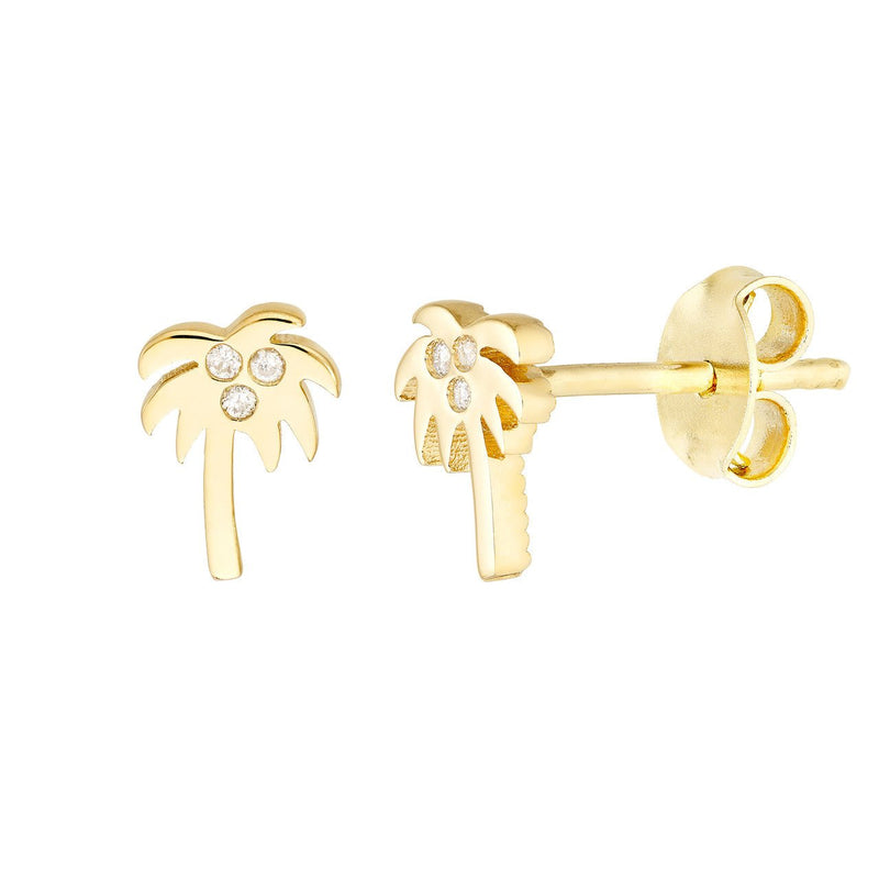 14K Gold Palm Tree Stud Diamond Earrings