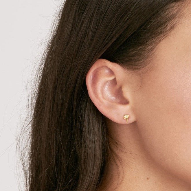 14K Gold Palm Tree Stud Diamond Earrings