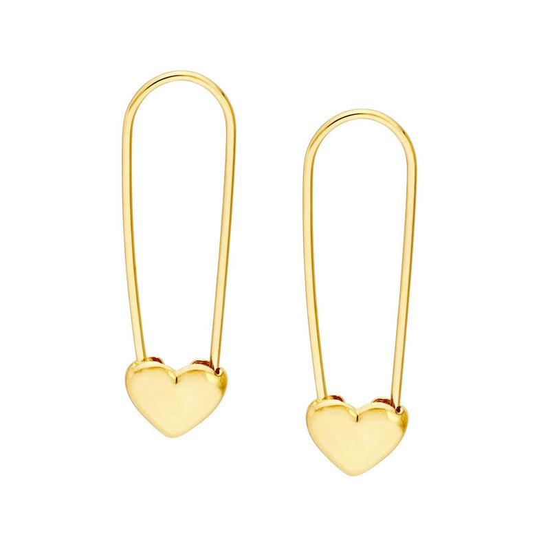 14K Gold Heart Safety Pin Hoops Earrings