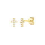 14K Gold Mini Diamond Cross Stud Earrings