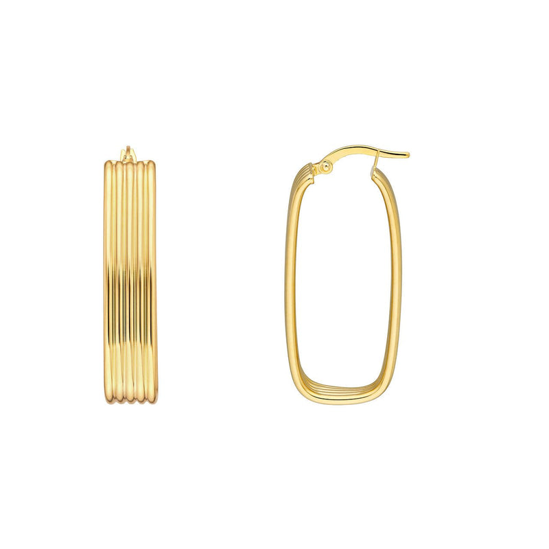 14K Gold Long Ribbed Oval Hoop Earrings