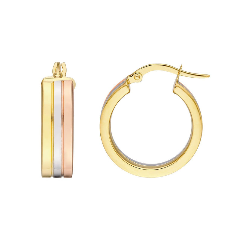 14K Tri Color Gold 15MM Round Triple Hoop Earrings