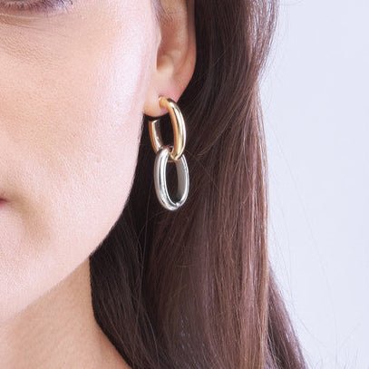 14K Two-Tone Gold Oval Dangle Hoop Earrings