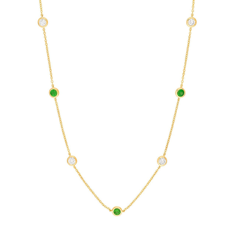 14K Gold Diamond and Emerald Station Bezel Necklace
