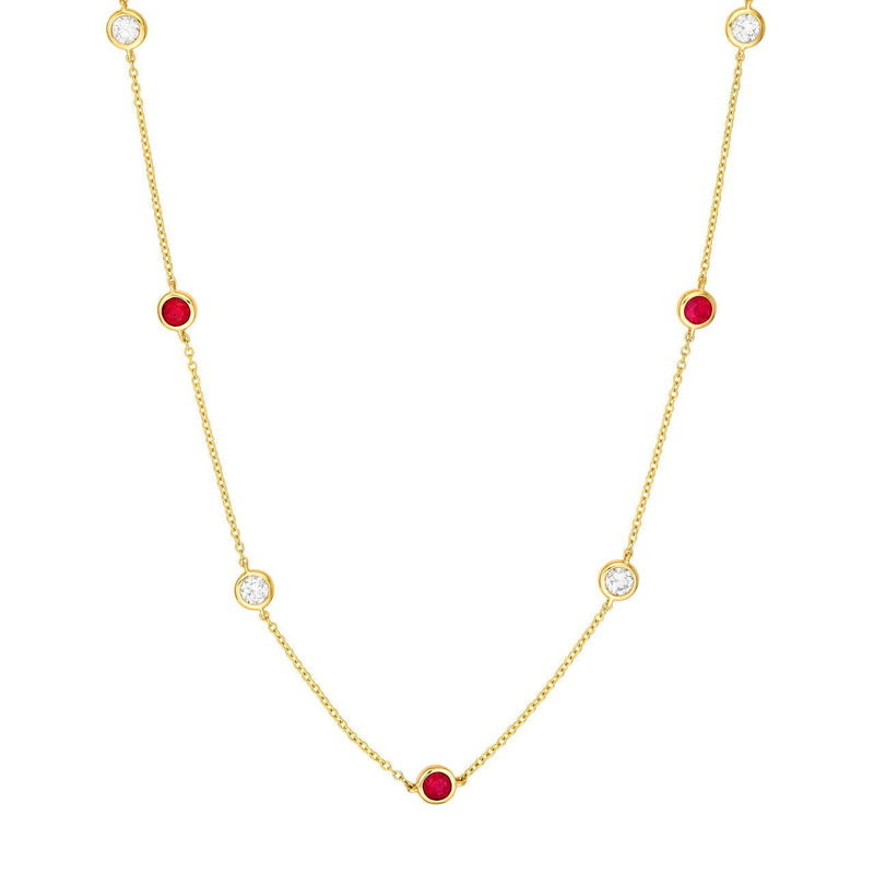 14K Gold Diamond and Ruby Station Bezel Necklace