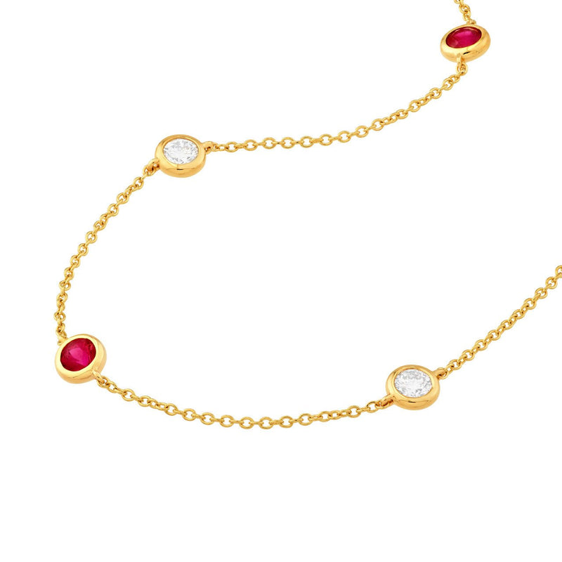 14K Gold Diamond and Ruby Station Bezel Necklace