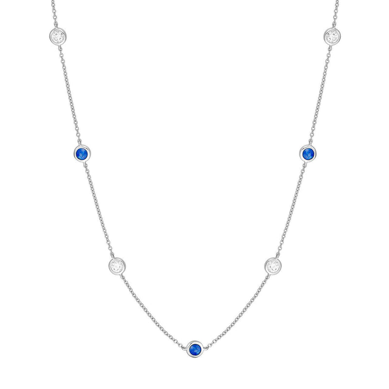 14K Gold Diamond and Sapphire Station Bezel Necklace