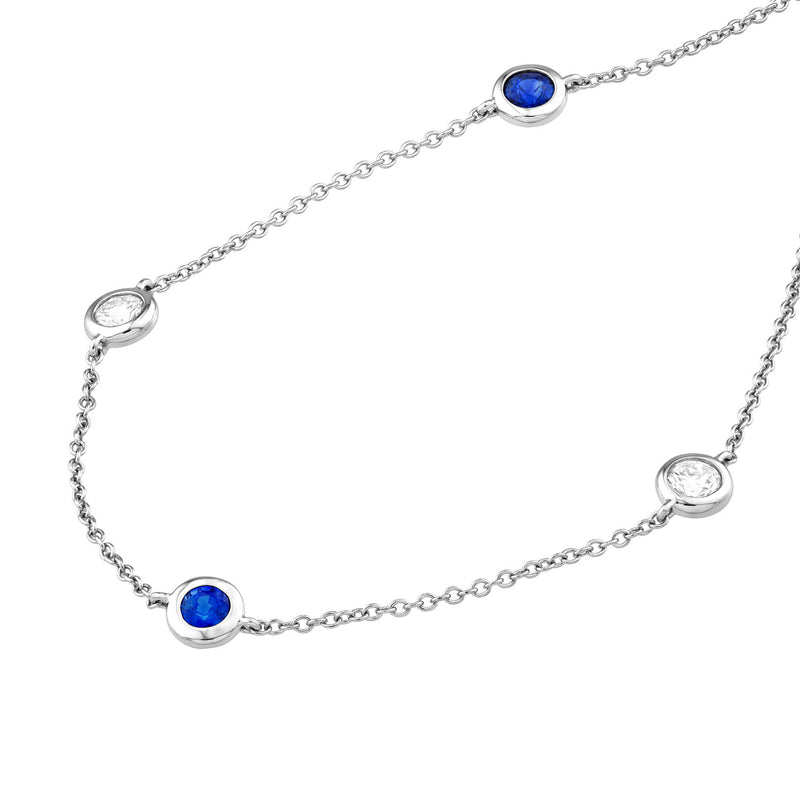 14K Gold Diamond and Sapphire Station Bezel Necklace