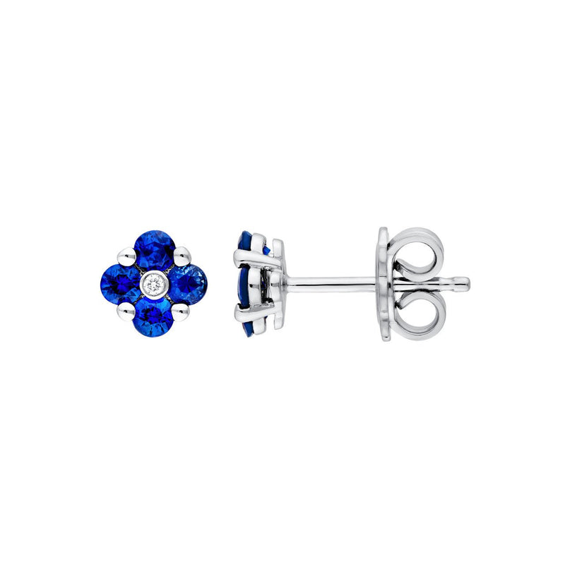 14K Gold 2.5MM Sapphire and Diamond Flower Cluster Stud Earrings