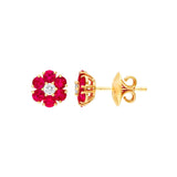 14K Gold Ruby and Diamond Flower Cluster Stud Earrings
