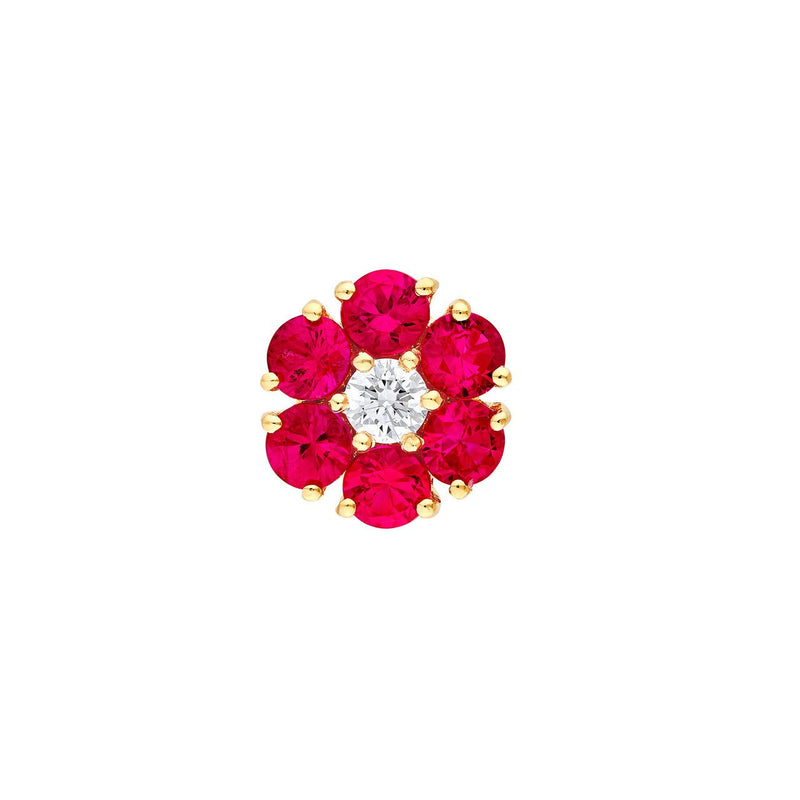 14K Gold Ruby and Diamond Flower Cluster Stud Earrings