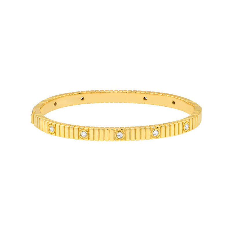14K Gold Diamond Bezel Ribbed Bangle