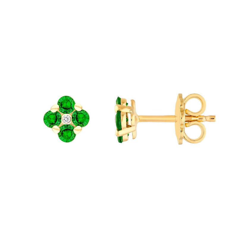 14K Gold 2.5MM Tsavorite and Diamond Flower Cluster Stud Earrings