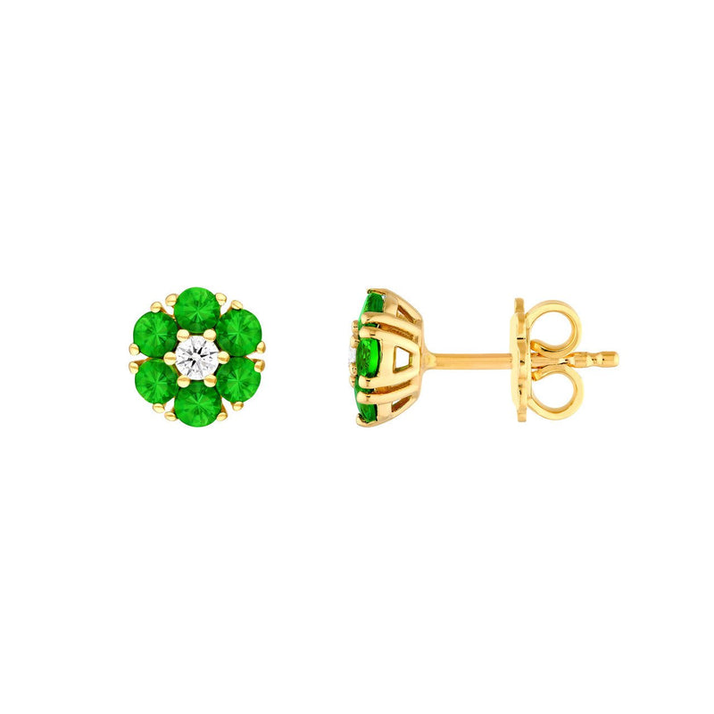 14K Gold Tsavorite and Diamond Flower Cluster Stud Earrings