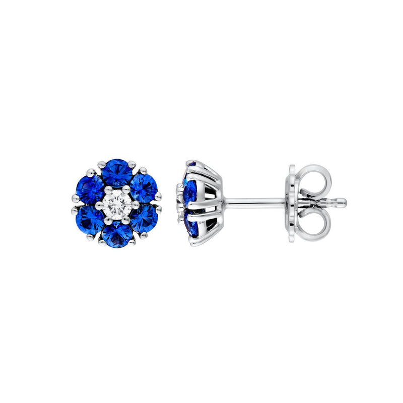 14K Gold Sapphire and Diamond Flower Cluster Stud Earrings