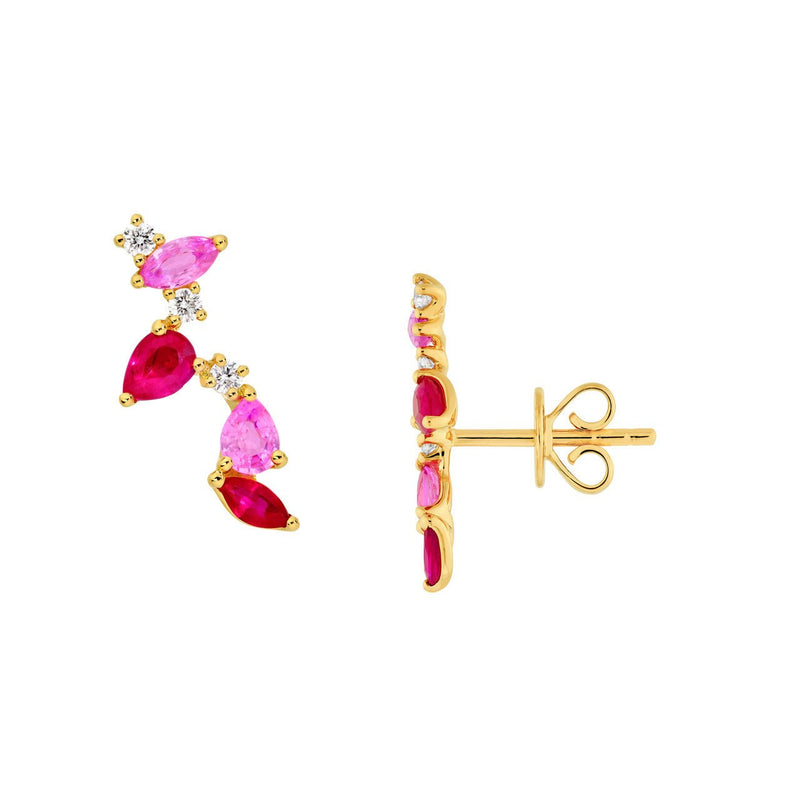 14K Gold Pink Sapphire and Ruby Blossom Stud Earrings