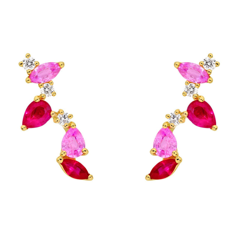 14K Gold Pink Sapphire and Ruby Blossom Stud Earrings