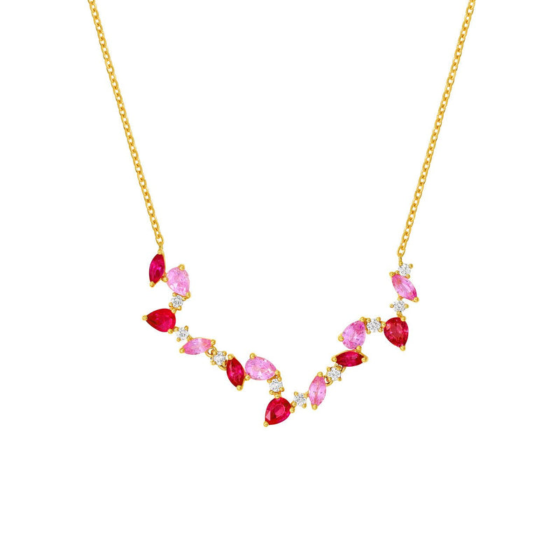 14K Gold Pink Sapphire and Ruby Blossom Necklace