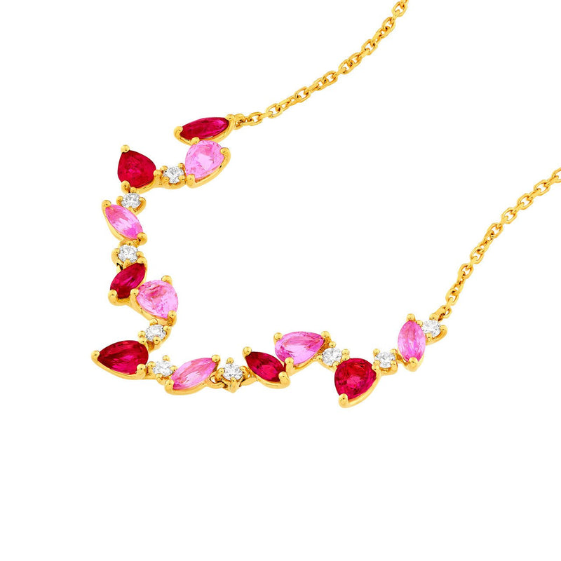 14K Gold Pink Sapphire and Ruby Blossom Necklace
