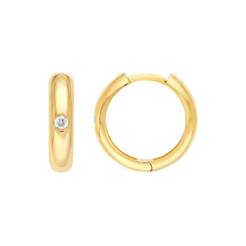 14K Gold 15MM Inset Diamond Round Hoop Earrings