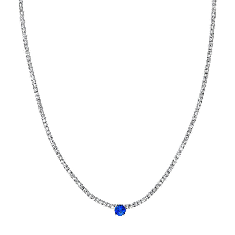 14K Gold Round Sapphire Pendant Diamond Tennis Necklace