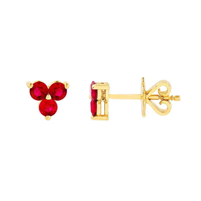 14K Gold 3MM Trio Ruby Stud Earrings