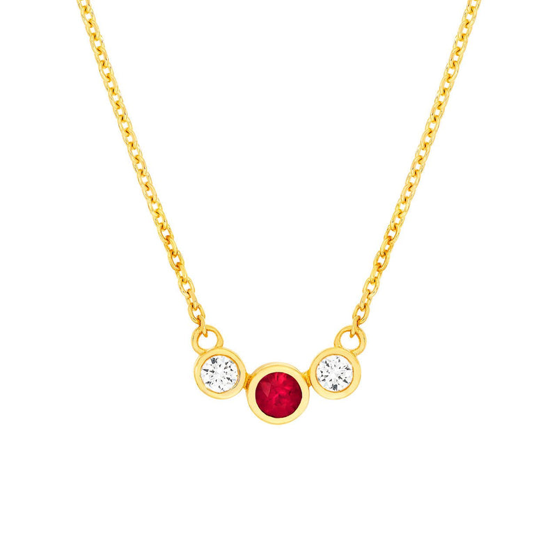 14K Gold Tri Stone Ruby and Diamond Pendant Necklace