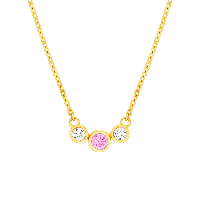 14K Gold Tri Stone Pink Sapphire and Diamond Pendant Necklace