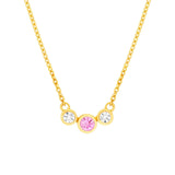 14K Gold Tri Stone Pink Sapphire and Diamond Pendant Necklace