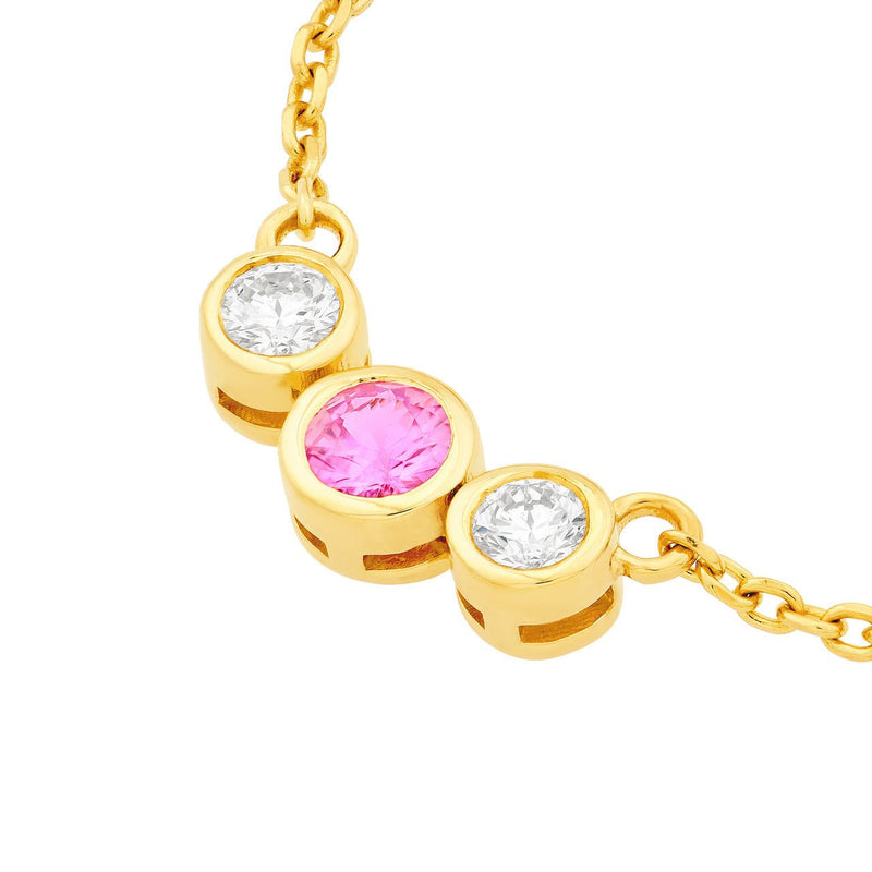 14K Gold Tri Stone Pink Sapphire and Diamond Pendant Necklace