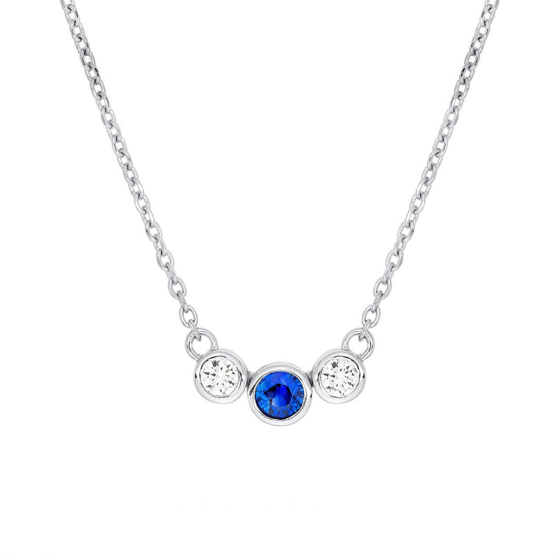14K Gold Tri Stone Sapphire and Diamond Pendant Necklace