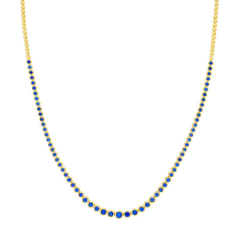 14K Gold Blue Sapphire Graduated Tennis Round Bezel Necklace