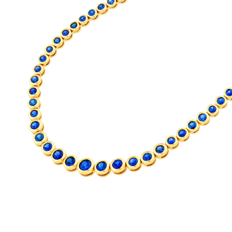 14K Gold Blue Sapphire Graduated Tennis Round Bezel Necklace