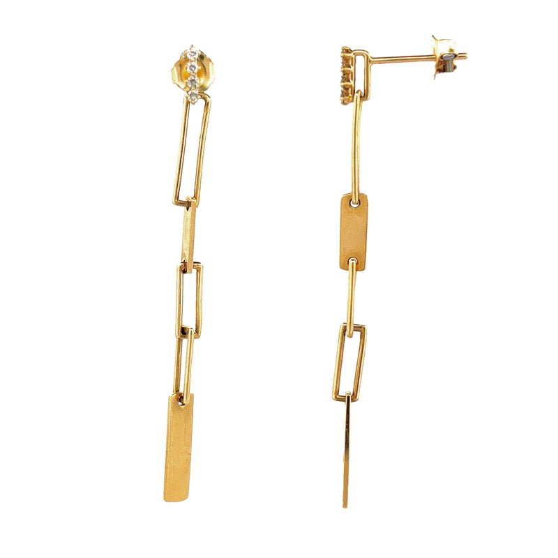14K Gold Paper Clip Diamond Bar Earrings