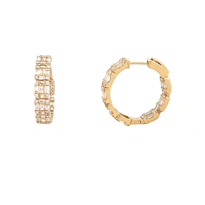 14K Gold Baguette and Round Diamond Cluster Hoop Earrings