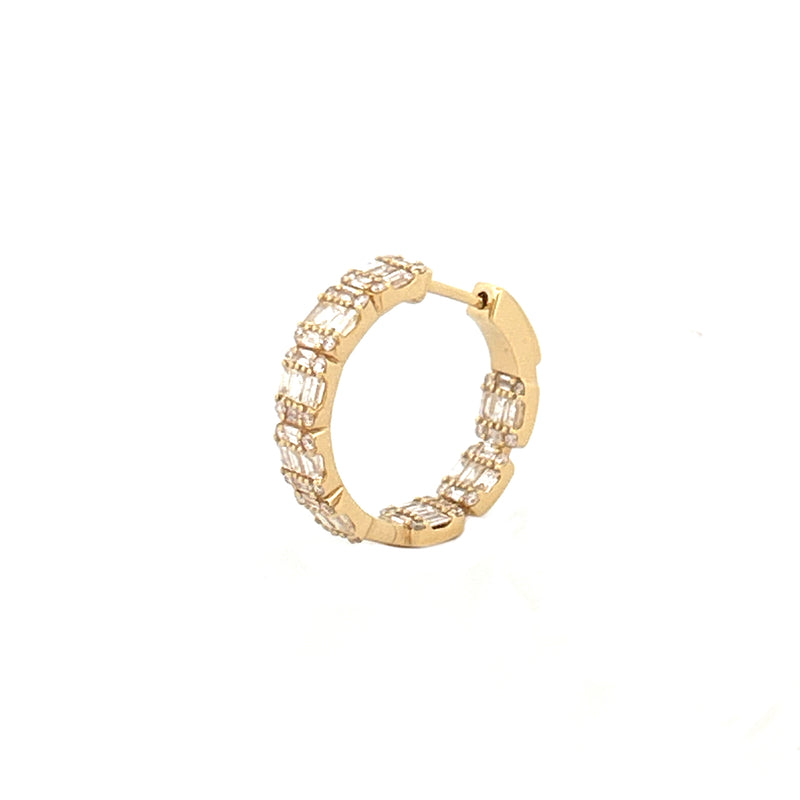 14K Gold Baguette and Round Diamond Cluster Hoop Earrings