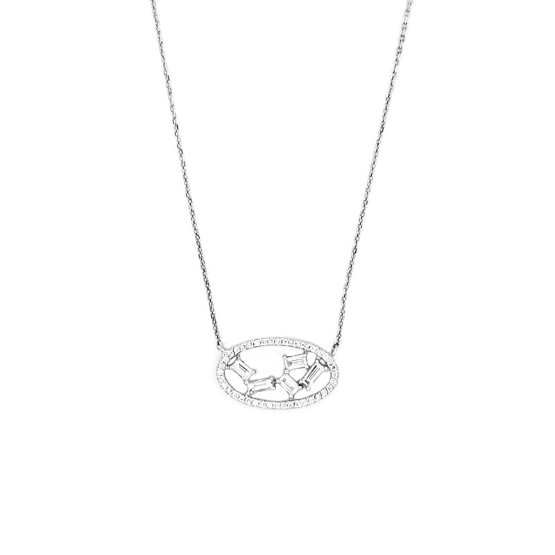 14K Gold Oval Staggered Baguette Diamond Pendant Necklace