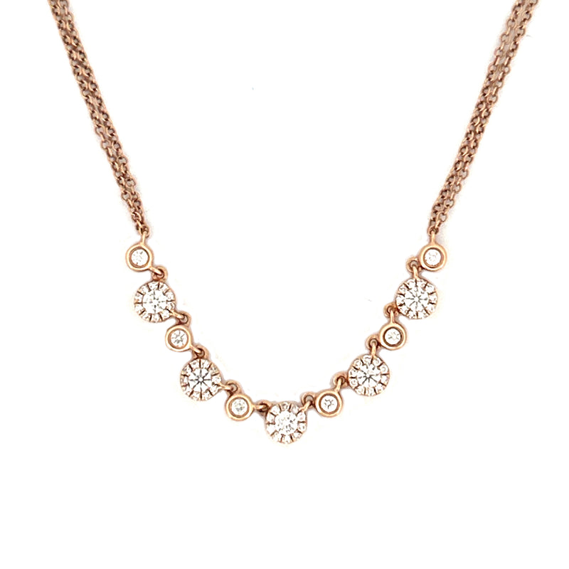 14K Gold Halo and Bezel Round Diamond Duo Chain Necklace