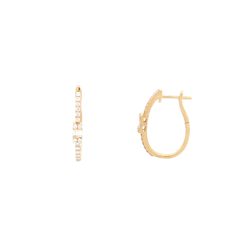 14K Gold Baguette Cluster Shape Diamond Oval Huggie Earrings