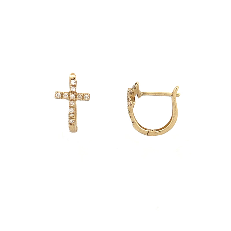 14K Gold Cross Huggie Diamond Earrings