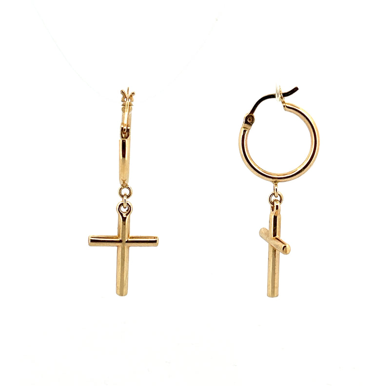 14K Gold Dangling Cross Hoop Earrings