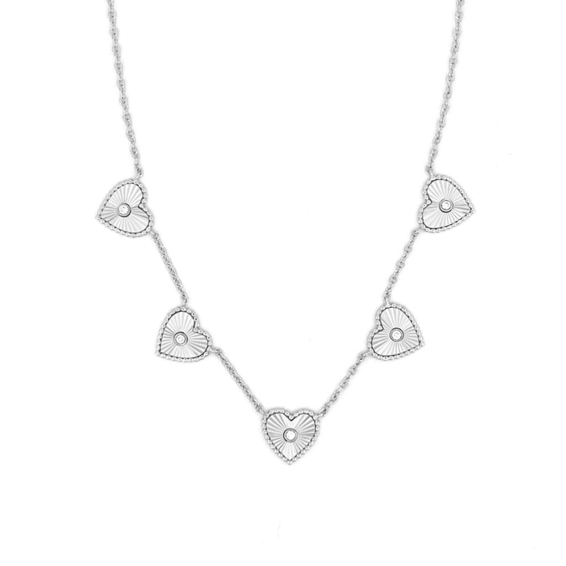 14K Gold Five Fluted and Beaded Heart Diamond Bezel Necklace