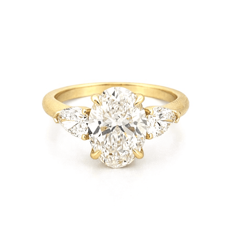 14K Gold Three Stone 3.00 Carat Oval and Pear Cut Lab Grown Diamond Solitaire Engagement Ring