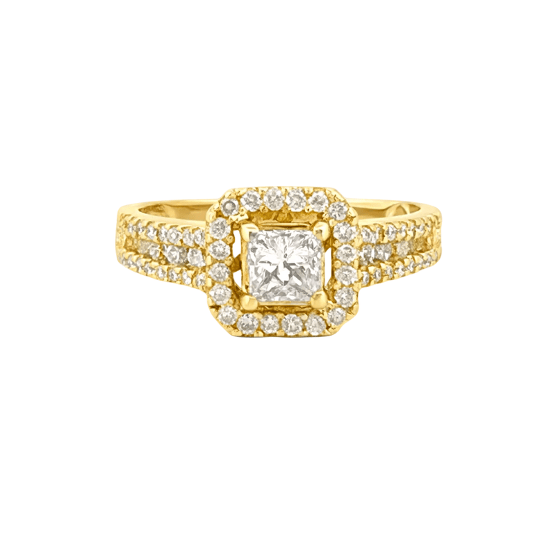 14K Gold Princess Natural Diamond Halo 3 Row Engagement Ring