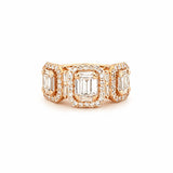 14K Gold Three Baguette Cluster Diamond Three Stone Halo Ring
