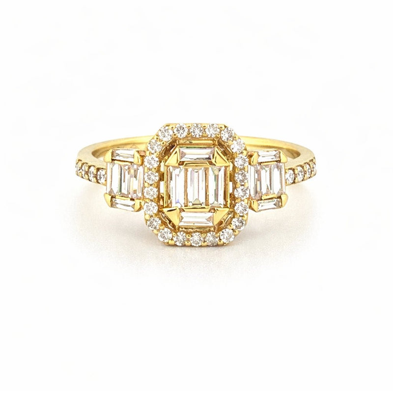 14K Gold Baguette Cluster Diamond Three Stone Halo Engagement Ring
