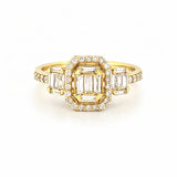 14K Gold Baguette Cluster Diamond Three Stone Halo Engagement Ring