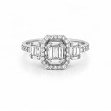 14K Gold Baguette Cluster Diamond Three Stone Halo Engagement Ring
