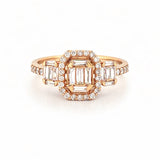14K Gold Baguette Cluster Diamond Three Stone Halo Engagement Ring