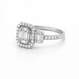 14K Gold Baguette Cluster Diamond Three Stone Halo Engagement Ring